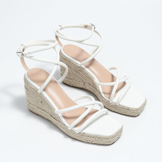 2024 new summer hemp rope wedge sandals for women lace-up Roman platform bottom square head ladies sandals PR146