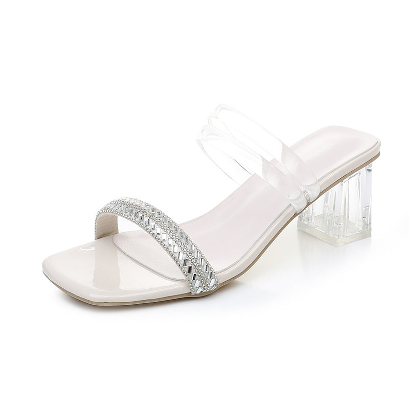 Crystal heel open toe square head thick heel two-way rhinestone high heel sandals Di305