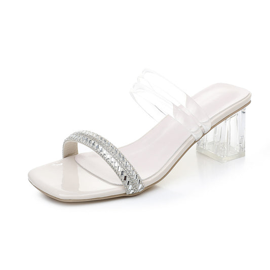 Crystal heel open toe square head thick heel two-way rhinestone high heel sandals Di305