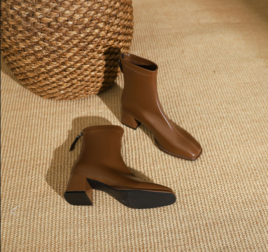 New brown square toe thick heel low-top elastic women's boots LD253