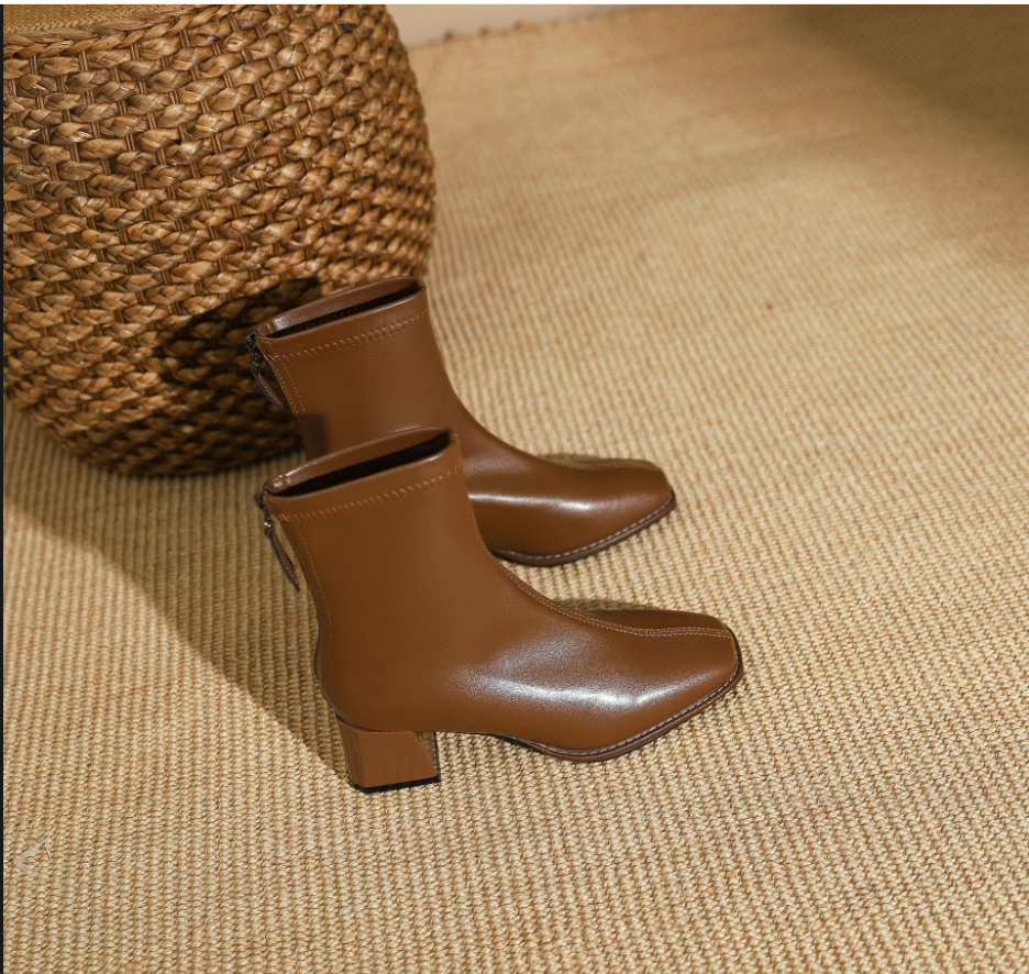 New brown square toe thick heel low-top elastic women's boots LD253