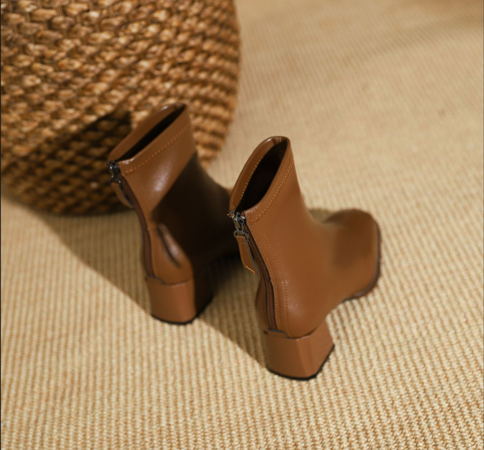 New brown square toe thick heel low-top elastic women's boots LD253