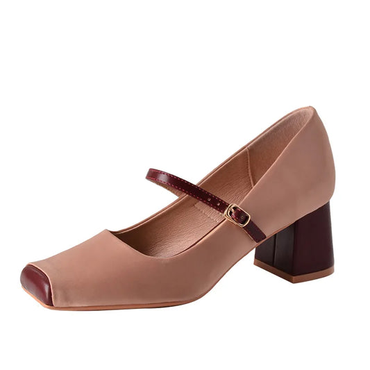 Pig nose square toe thick heel retro French high heels LD294