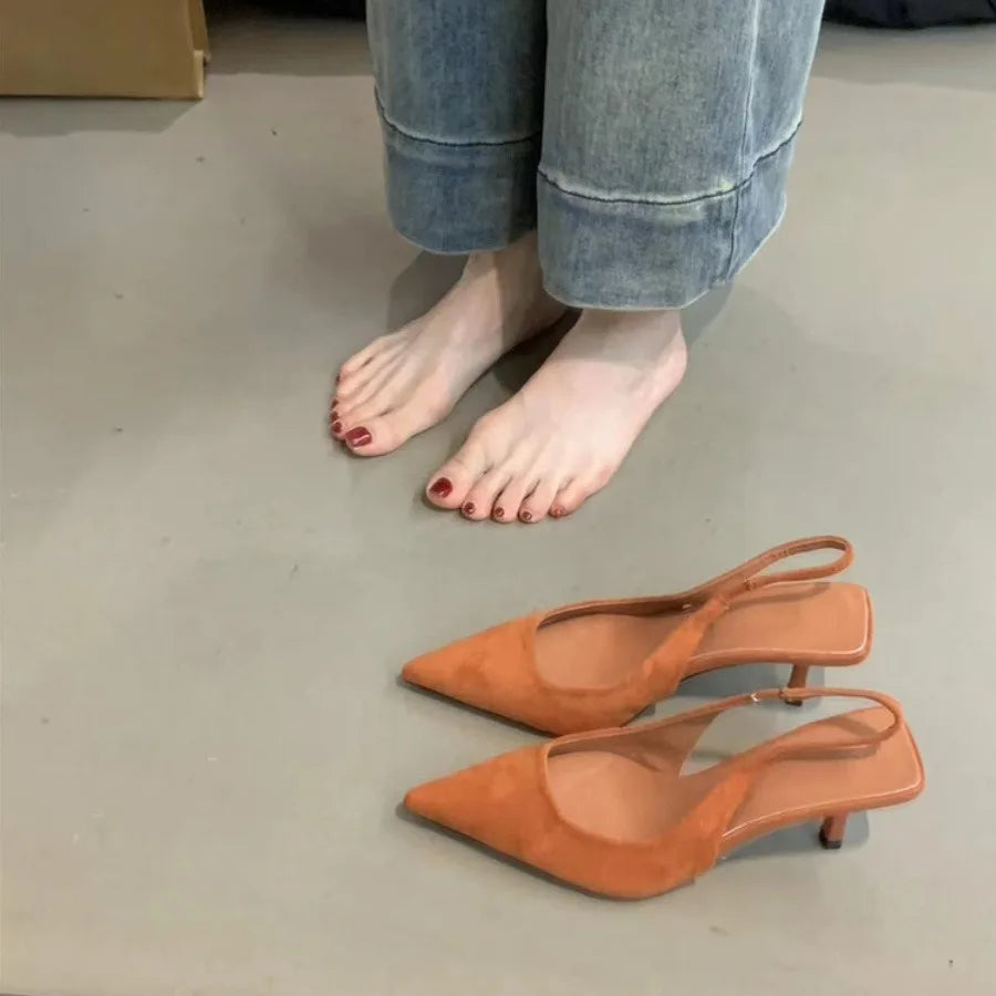 Spring new temperament suede pointed toe stiletto heeled toe sandals LD001