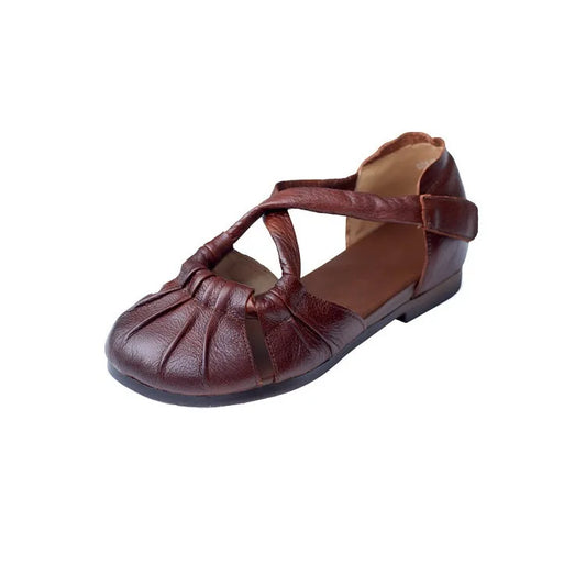 Genuine leather British style round toe pleated lightweight soft sole hollow sandals LD310