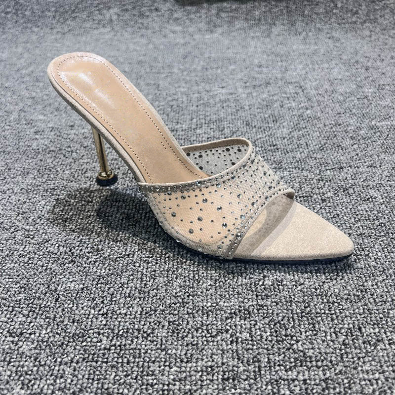 New high-heeled slippers with rhinestone pointed toe open-toe slippers LD226